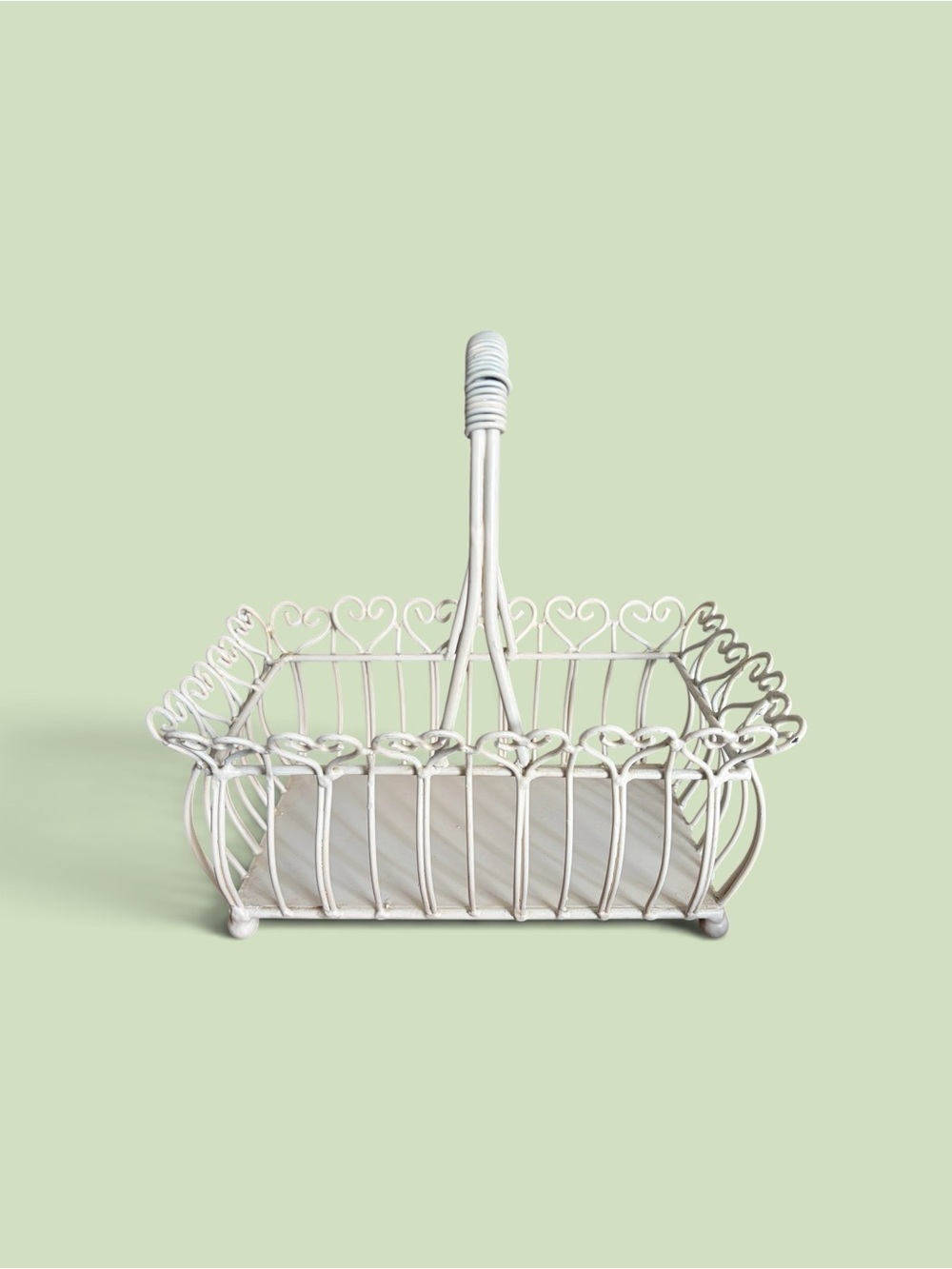 Vintage Heavy Wrought Iron French Country Basket White Heart Scroll Caddy